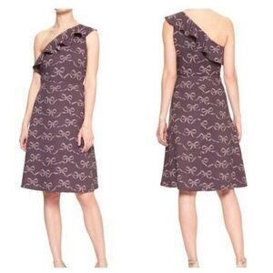 Banana Republic  ruffle one shoulder flare purple bow print dress size 8